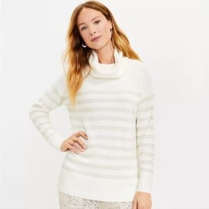 LOFT Turtleneck Sweater Large Striped Relaxed Fit Ribbed Cream Gold NWT